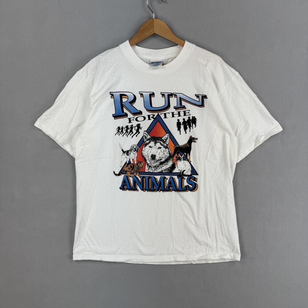 Vintage Humane Society Shirt Mens XL White Run For The Animals Graphic Tee Race